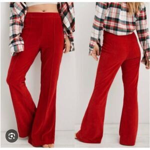 Aerie Red Groove In Ribbed Elastic Waist High Rise Flared Pants Small (w6)
